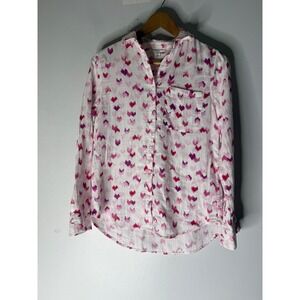 Beach lunch lounge Jordan abstract heart print‎ cotton gauze button down xS